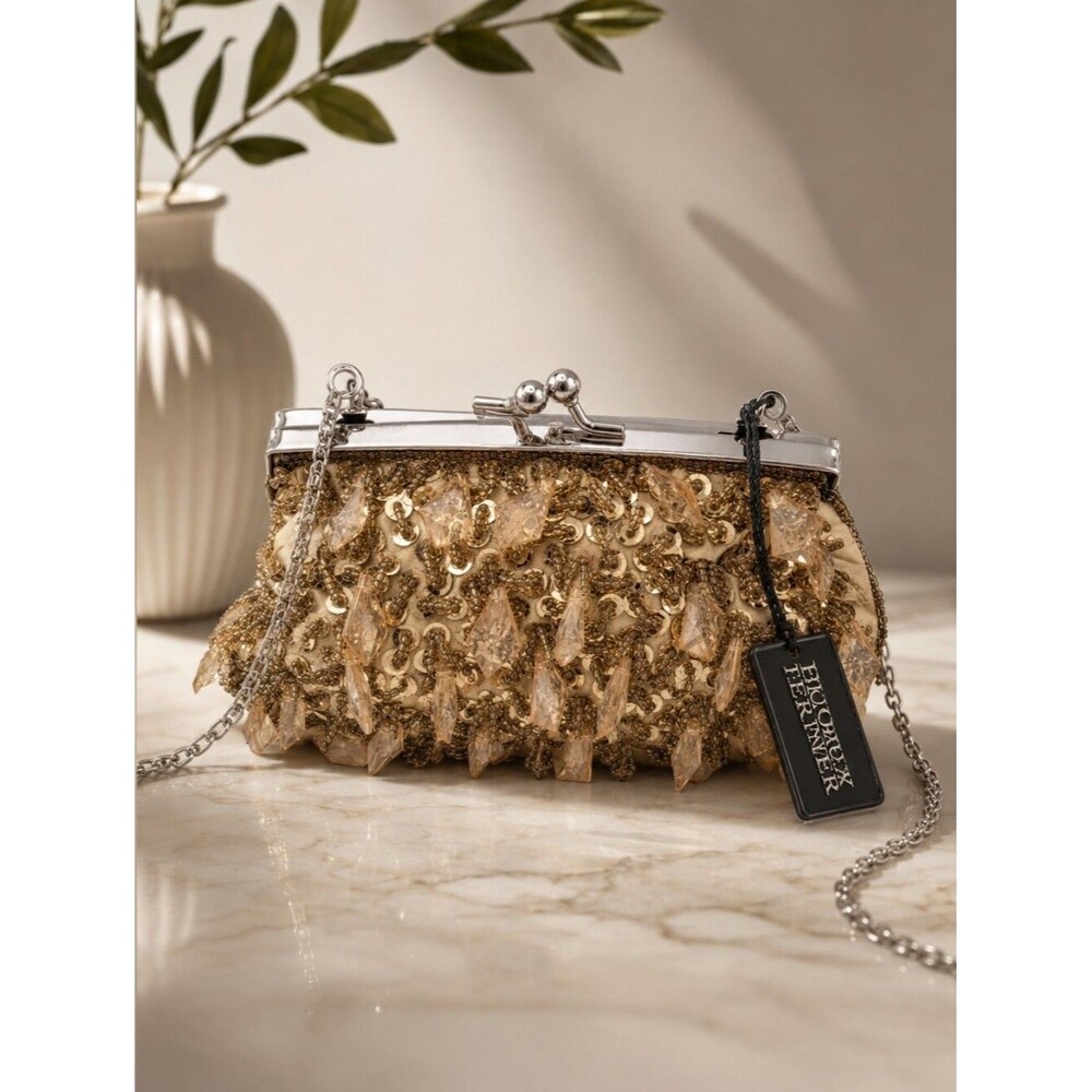 1990's Bijoux Terner Beaded Clutch: Champagne Satin Evening Bag Deadstock Vintag